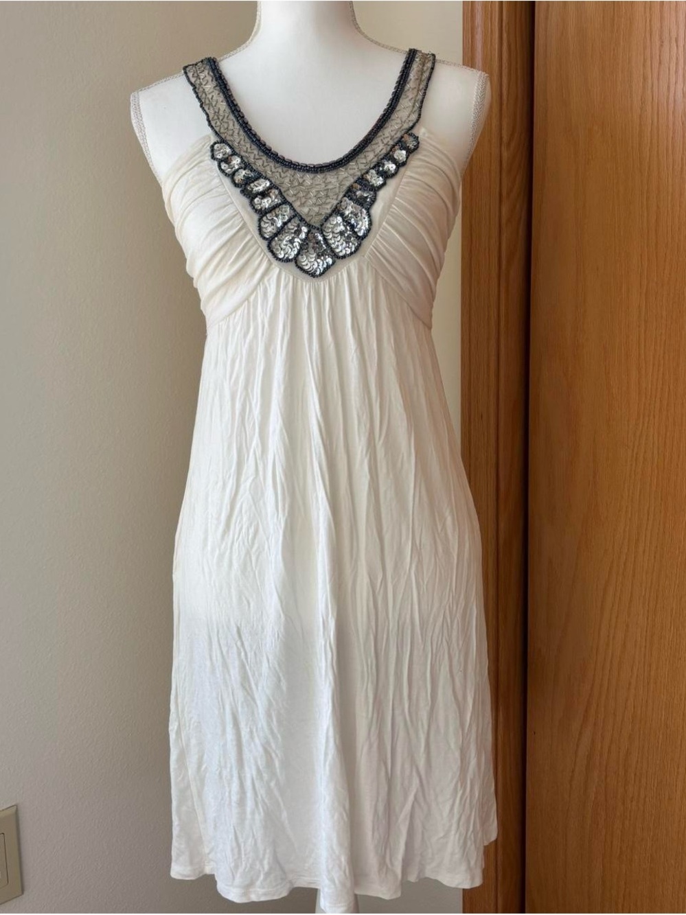 Y2K beaded Studio Y Ivory Mini Dress with Silver Beaded V-Neck